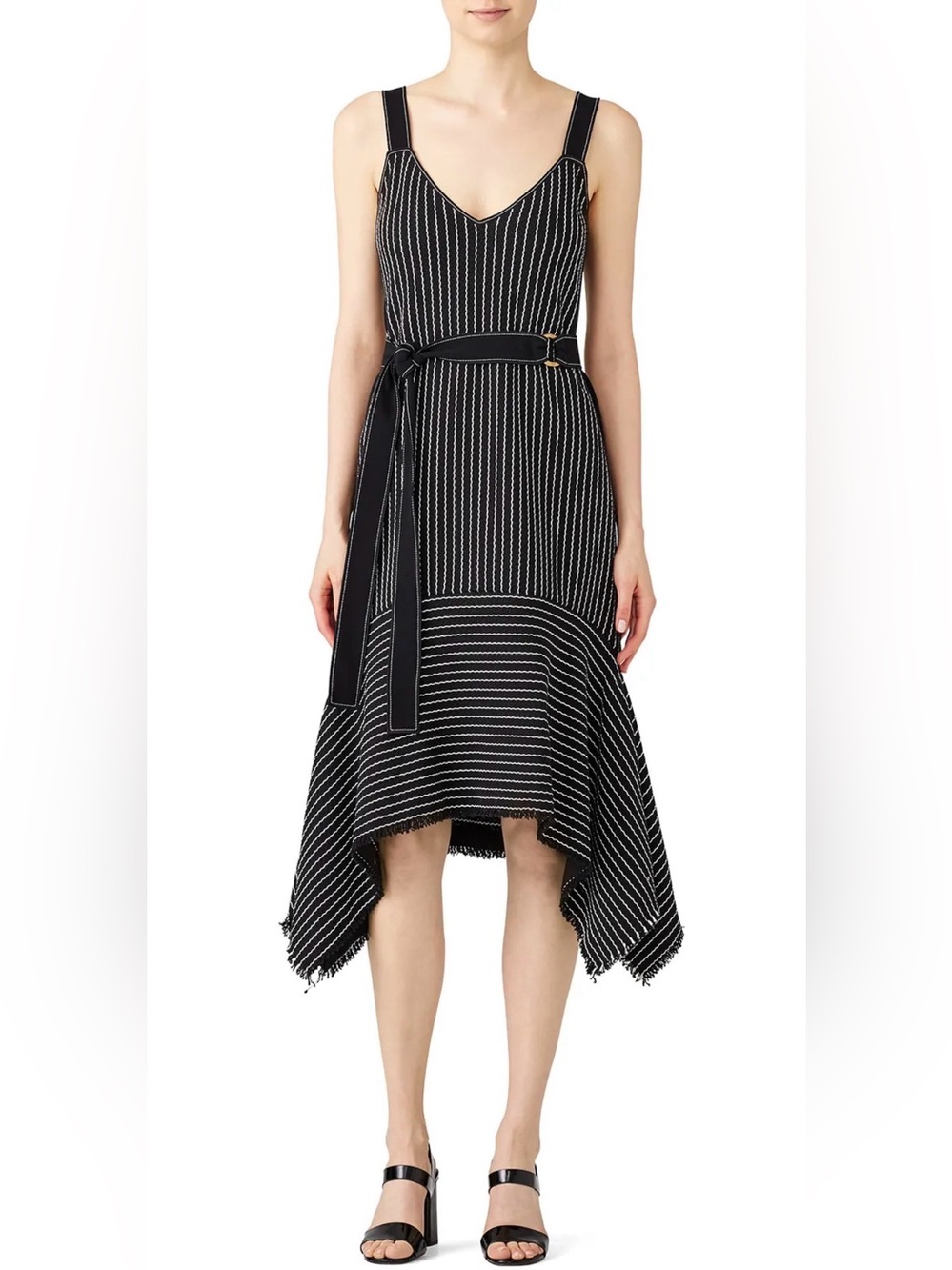 Derek Lam 10 Crosby black striped fringed hem midi dress size 0